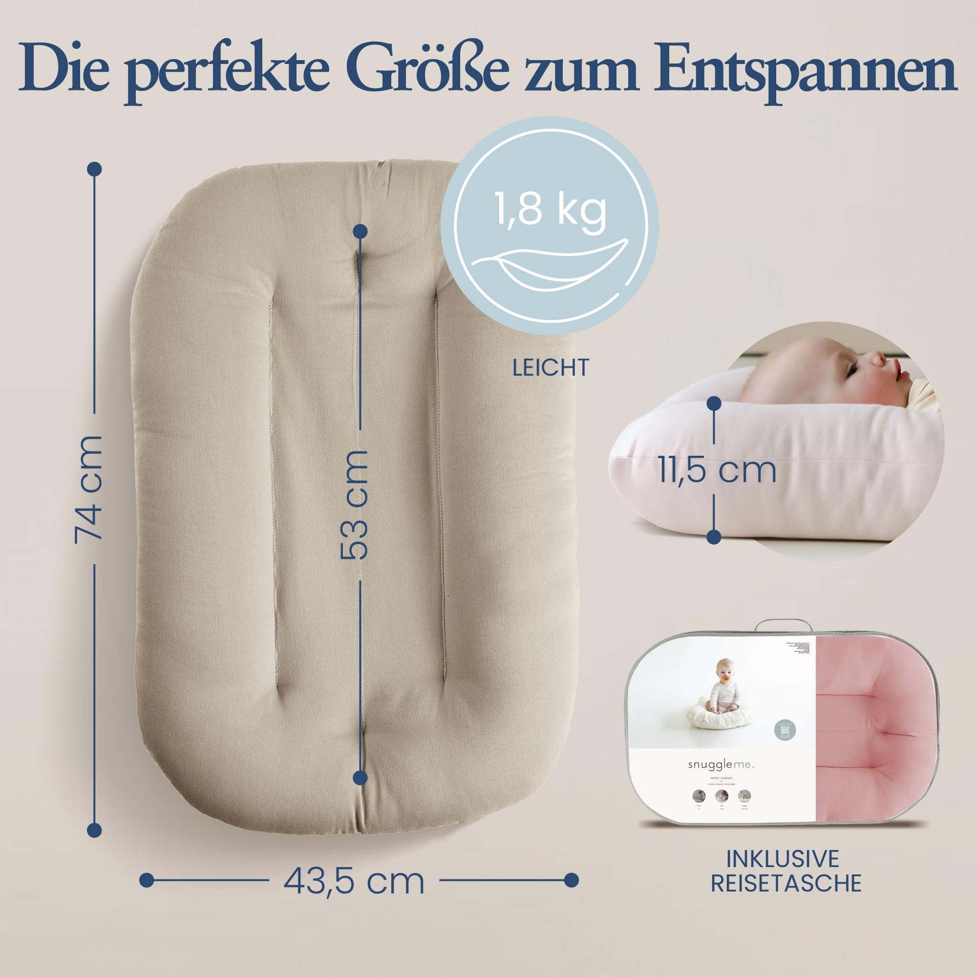 Snuggle Me® Babynest (0-9 Monate) - Premium Babynestchen aus Bio-Baumwolle mit Fiberfill, maschinenwaschbar, inkl. Reisetasche (Sage)