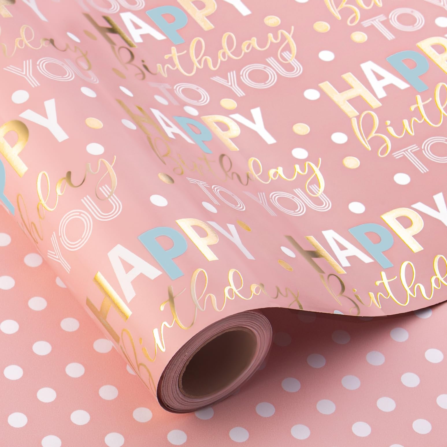 Wikadlik Rosa Geburtstags-Geschenkpapier, 43 cm x 10 m, mit Aufschrift "Happy Birthday", wendbar, für Partys, Babyparty, Feiertage, Feiern