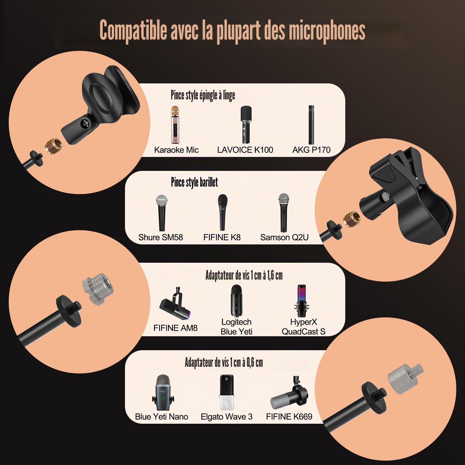 Support Microphone à Pied, Trépied avec Perche,Pinces et Adaptateur | Support Microphone, Robuste et Réglable, Performance, Chant, Discours, Mariage, Scène et Extérieur