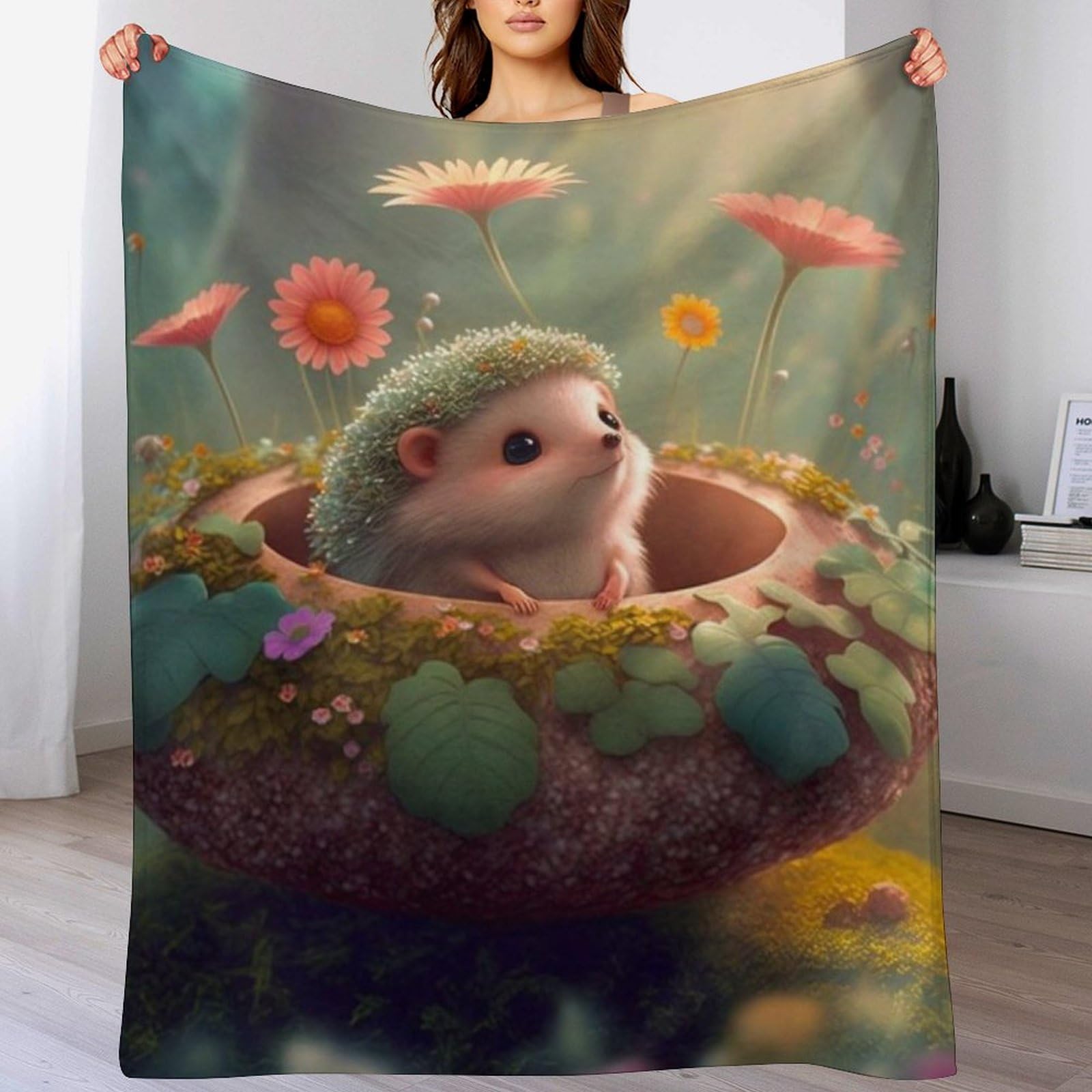 Manta de forro polar para evitar el frío en el sofá con diseño de erizo mullido