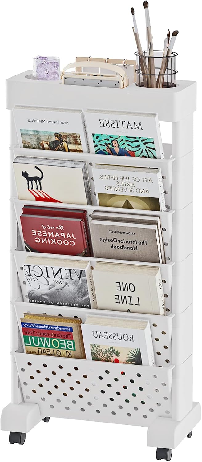 6-Tier Bookshelf, Book Storage Organization with Wheels Mobile Rolling Bookshelves Cart for Home Office Kids’ Study Room School, White 6-Tier Bookshelf, Book Storage Organization with Wheels Mobile Rolling Bookshelves Cart for Home Office Kids’ Study Room School, White