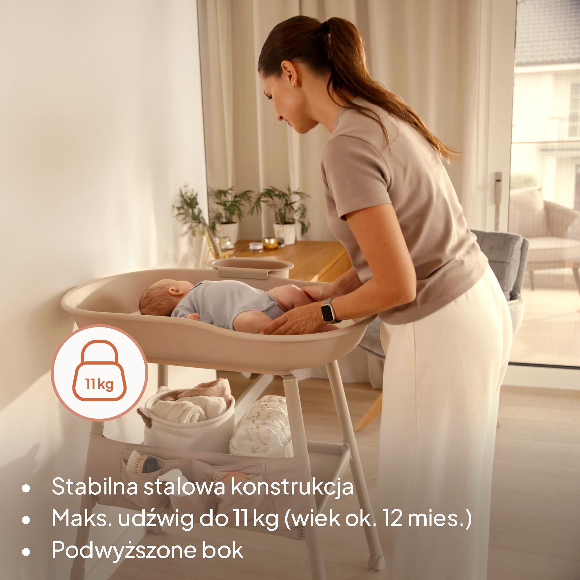 Lionelo Rosie mobilny stolik do przewijania dla niemowląt z regulowaną wysokością, wodoodporna mata piankowa 2 cm, kółka z hamulcami, boczny pojemnik na wodę i organizer z tkaniny, stabilna