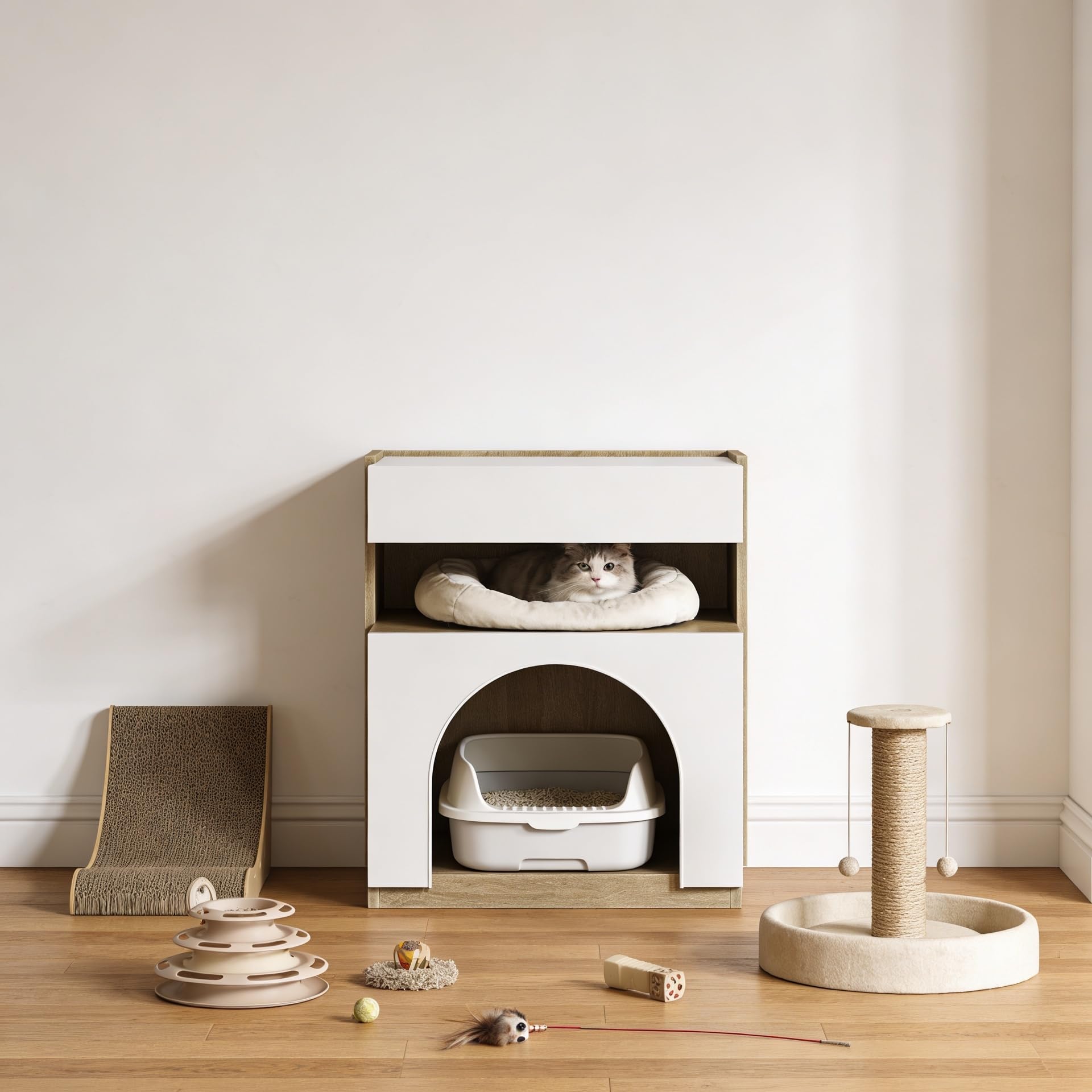 Katzenkäfig Katzenkloschrank mit Katzenhöhle Katzenschrank für Katzentoilette Katzenklo mit 2 Löchern 4 Türen Katzenhaus für Katze Weiß 50x40x58cm