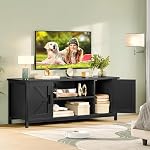 FIONESO Farmhouse TV Stand for up to 55 Inch TV, TV Stand with 2 Cabinets & Shelf, TV Table with Metal Frame and Cable Management, Entertainment Center for Living Room, Bedroom, Black