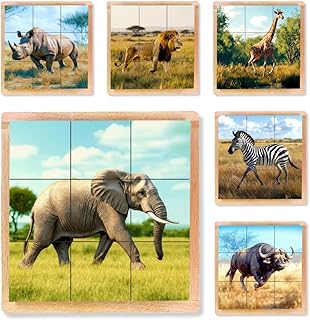 6-in-1 Wooden Animal Puzzle – Montessori Cube Toy for Kids – Realistic African Safari Animals Educational Wood Blocks for Toddlers Ages 3–6