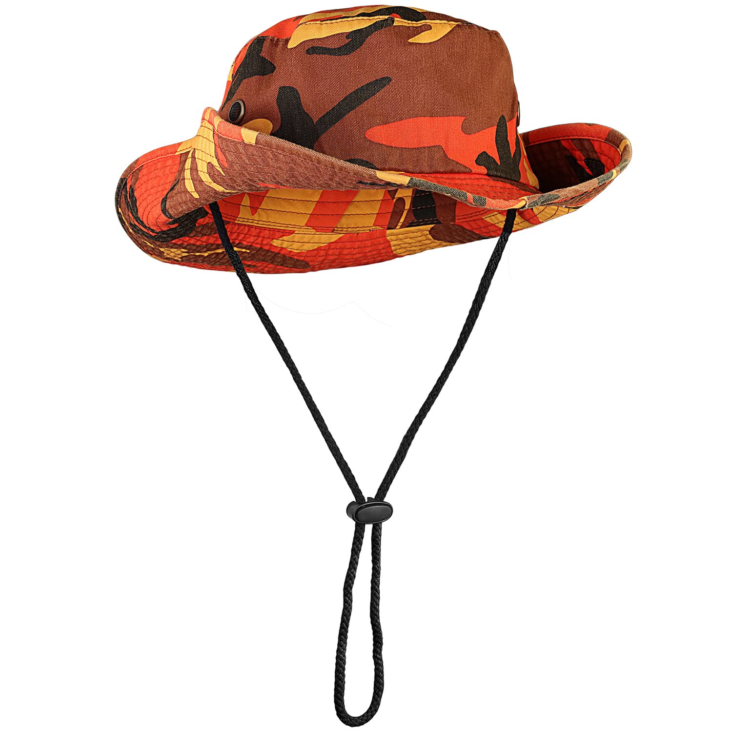 Sombrero de ala ancha para senderismo, pesca, safari, boonie, 100% algodón, protección solar UV para hombres y mujeres, actividades al aire libre, Camuflaje naranja, Large/X-Large