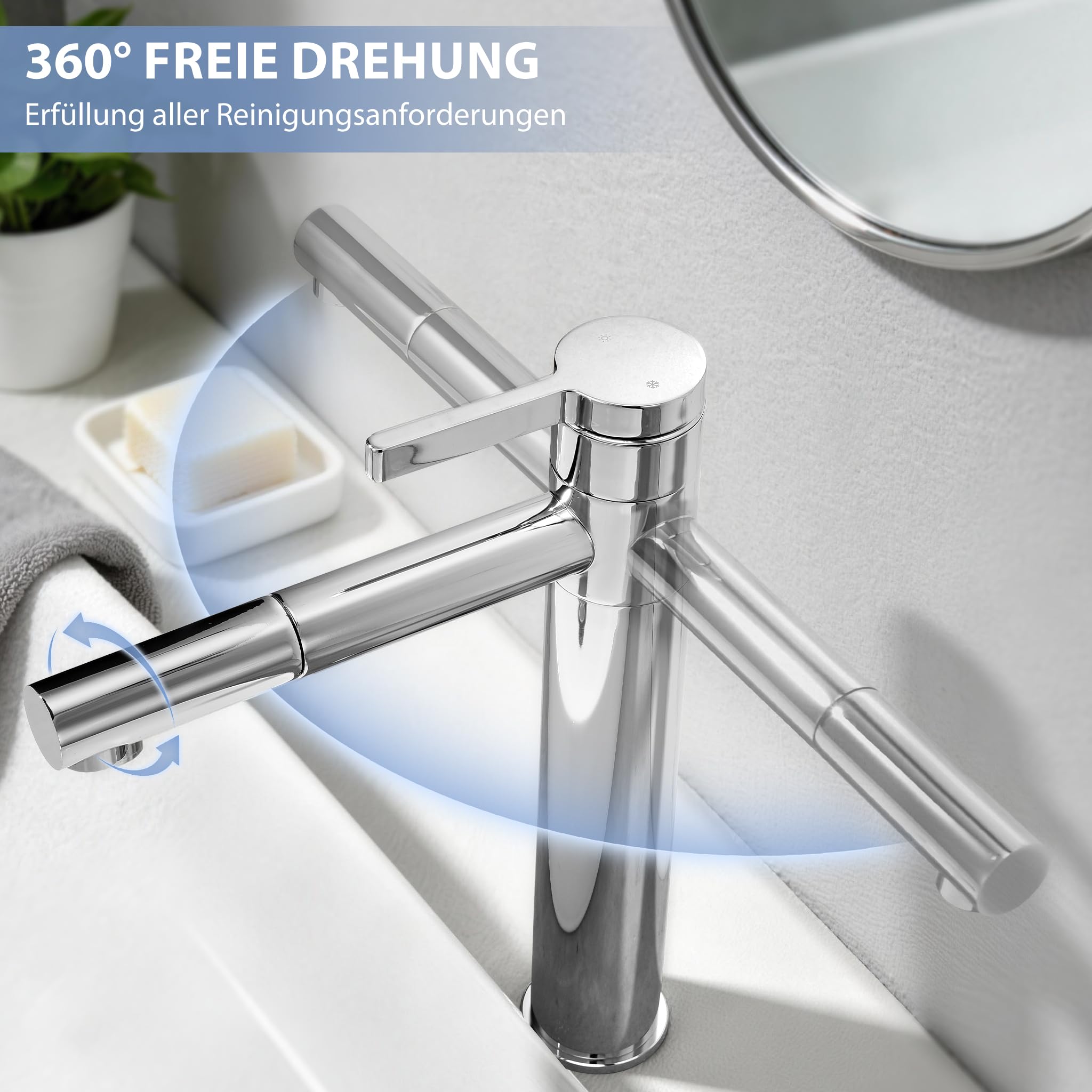 HOMELODY Grifo de lavabo alto cromado, doble caño y cuerpo giratorios 360°, 215 mm de altura de caño de acero inoxidable, grifo monomando para baño, ahorro de agua