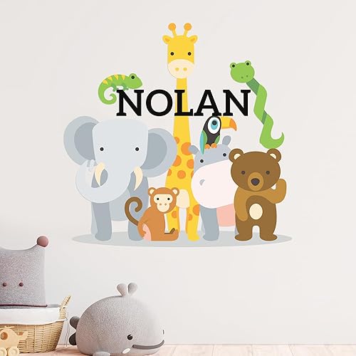 Calcomanía de pared de vinilo con nombre personalizado de animales de la selva, decoración de pared para bebé, niño y niña, calcomanías I para
