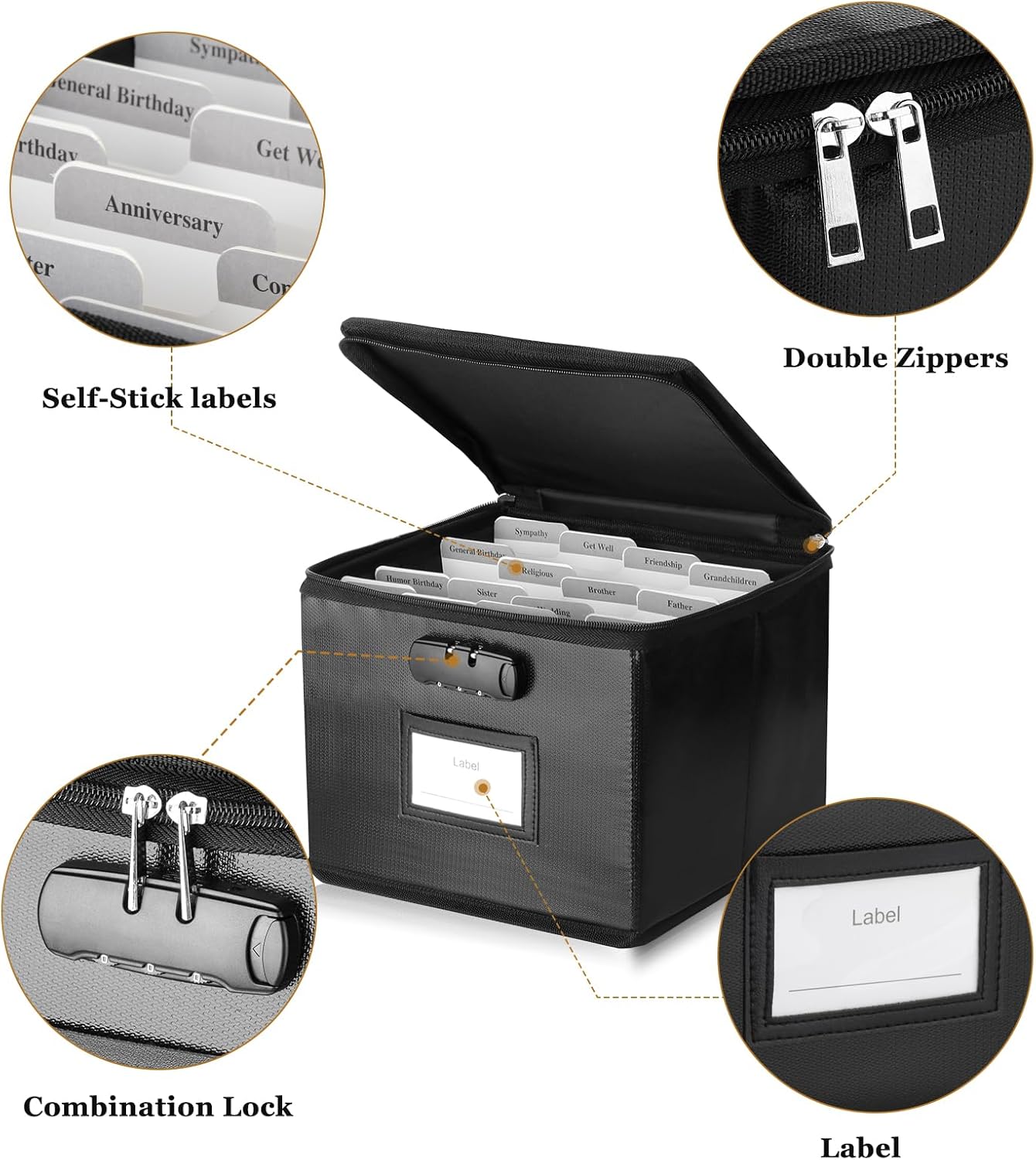 Fireproof Greeting Card Organizer with Lock,Collapsible Storage Box Holds 150+ Cards,Card Organizer Box with 15 Adjustable Dividers for Storing Greeting Cards, Envelopes, Stickers, Photos, Notecards