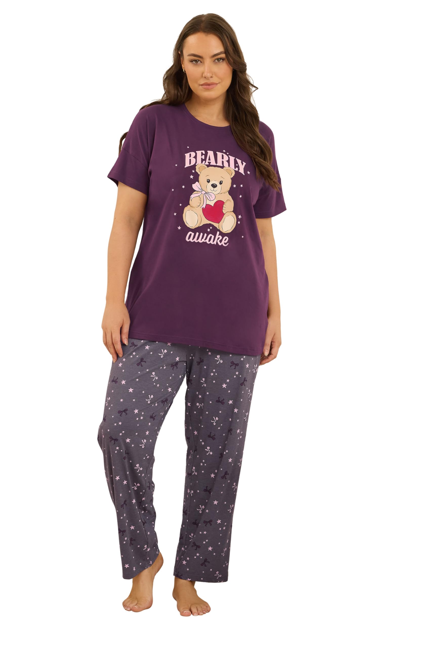 Yours Women's Red Curve Burgundy 'Bearly Awake' Pyjama Set - Plus Size Curve