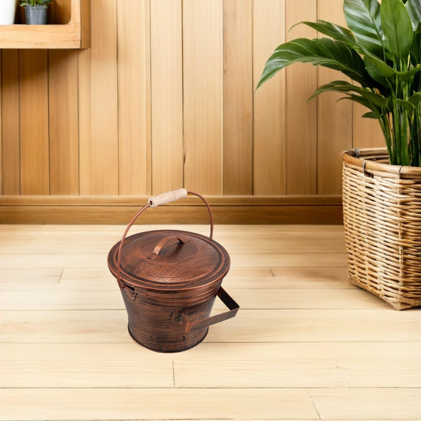 minkissy Secchio da con in Legno a Cenere per Manico Coperchio in Ferro Resistente Facile Trasportare per Stufa a Legna per Uso Interno e Esterno