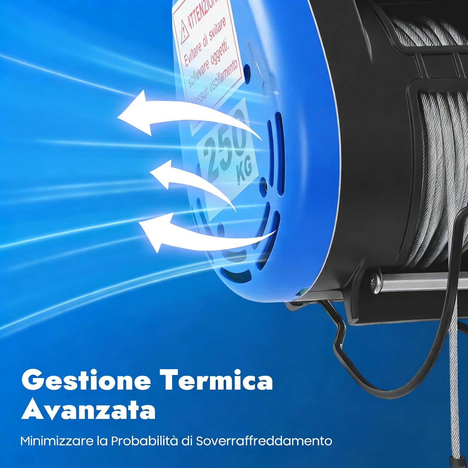 Verricello elettrico mobile, 230 V, 250 kg, portata 19 m/min, telecomando senza fili (100 m), con batteria, manico di controllo del cavo, 1500 W, 29 m, altezza di sollevamento 30 m, fune metallica