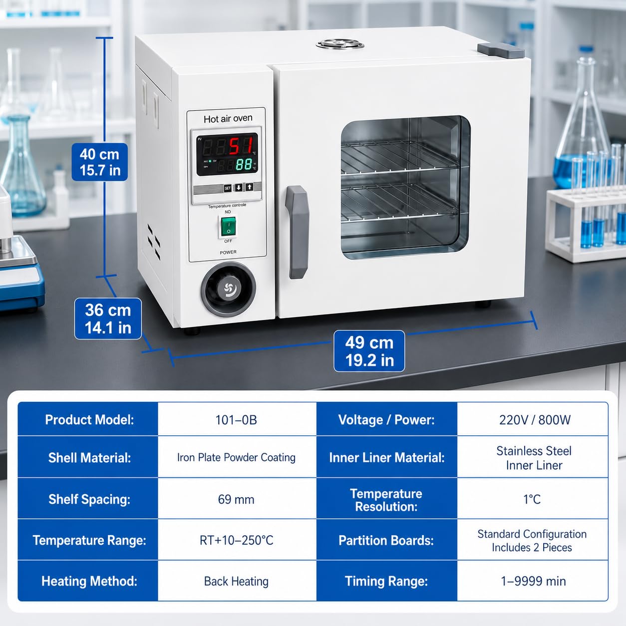 Horno de secado digital de laboratorio de 15 L, 250 °C con control de temporizador | Cámara de acero inoxidable, circulación de aire forzado y alarma de sobretemperatura