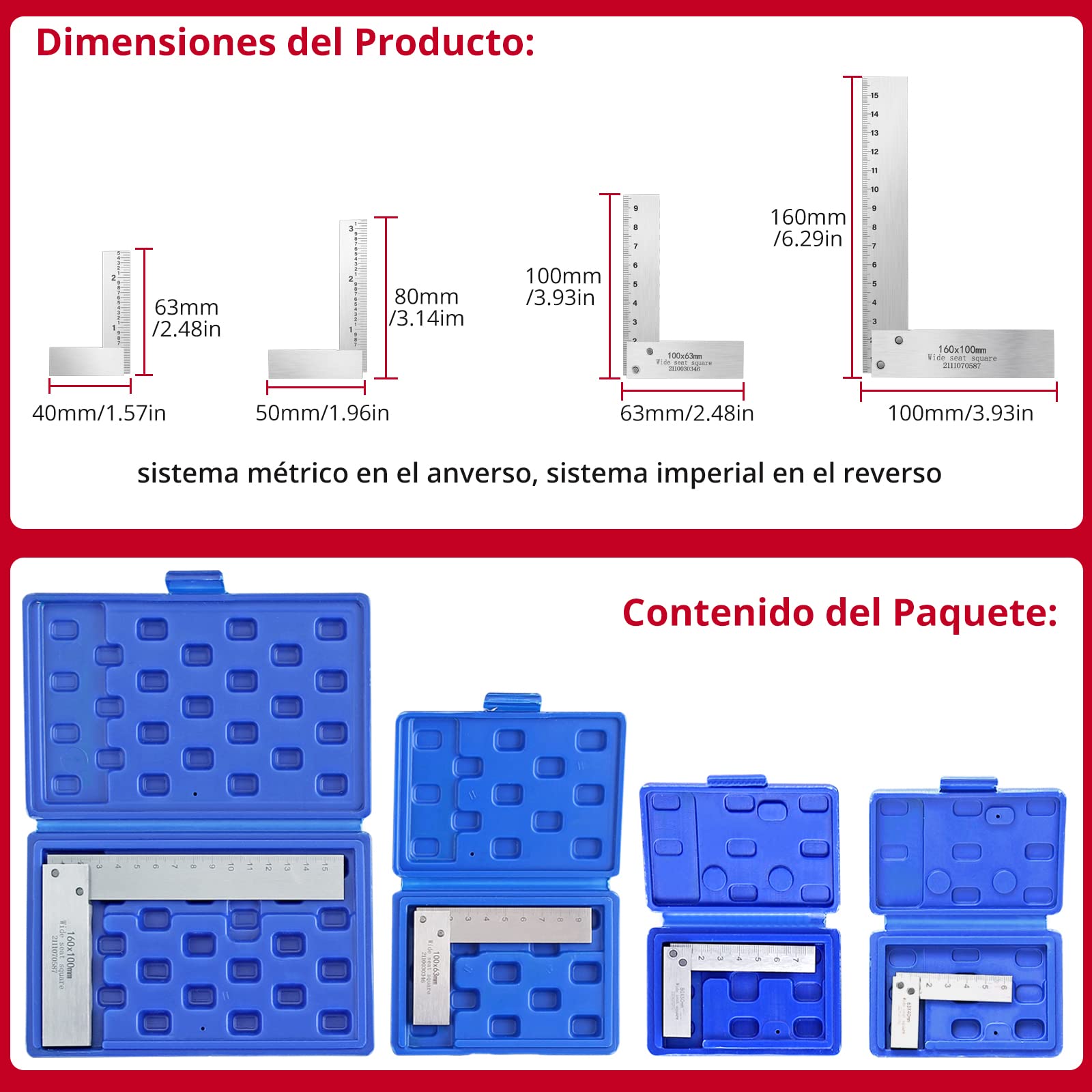 XUNTOP Cuadrados de Posicionamiento 4Pcs Posicionamiento Abrazadero con 4Tamaños,mm y pulgadas Escala Acero al Carbono de Abrazadera de Posicionamiento Tipo L para para Carpintero Ingeniero Arquitecto
