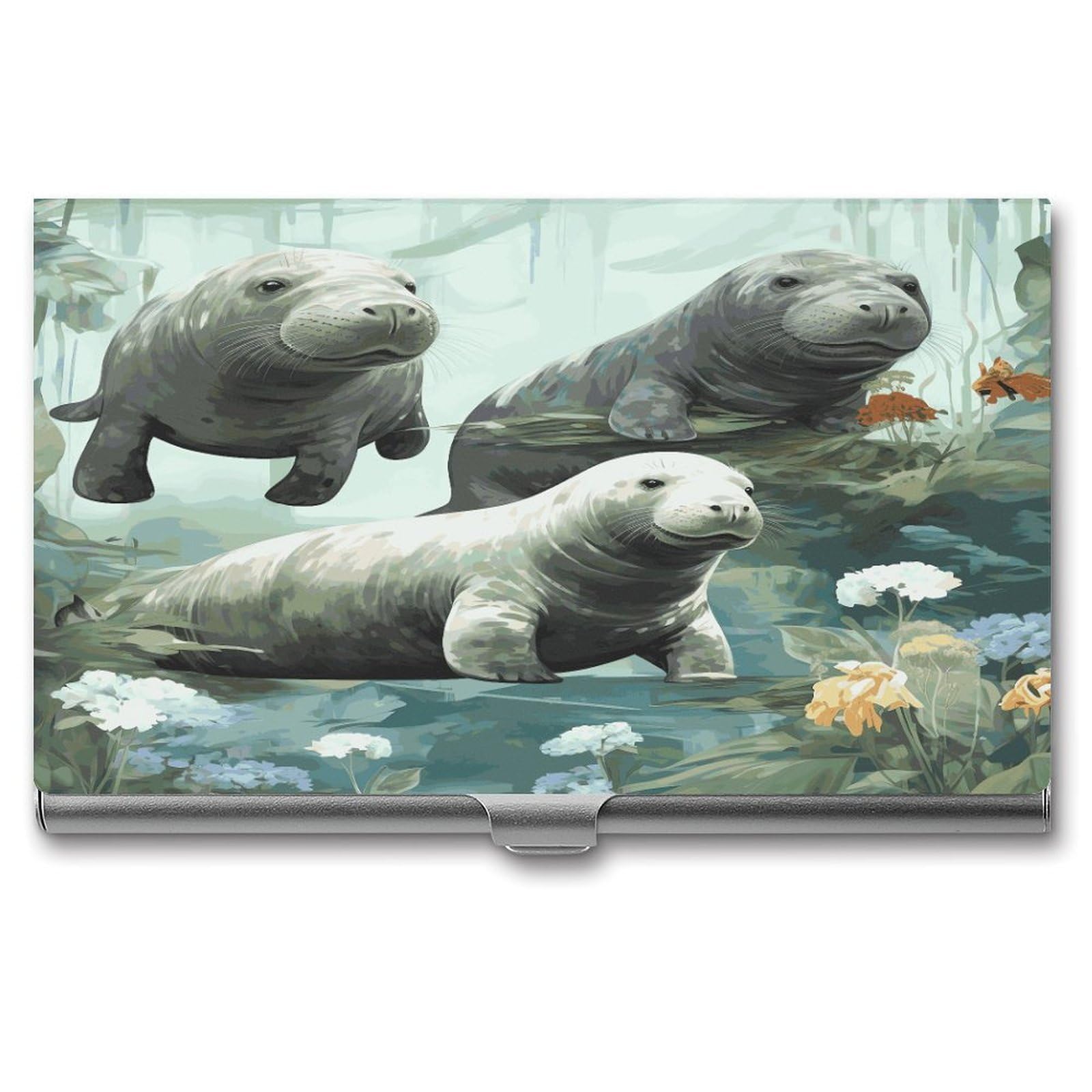 LDGSUPH Rabbits Manatees Business Card Holder Fashion Slim Name Card Holder Minimalist Design Case Metal Card Carrier Personalized Business Card Case with Flip for Men Women