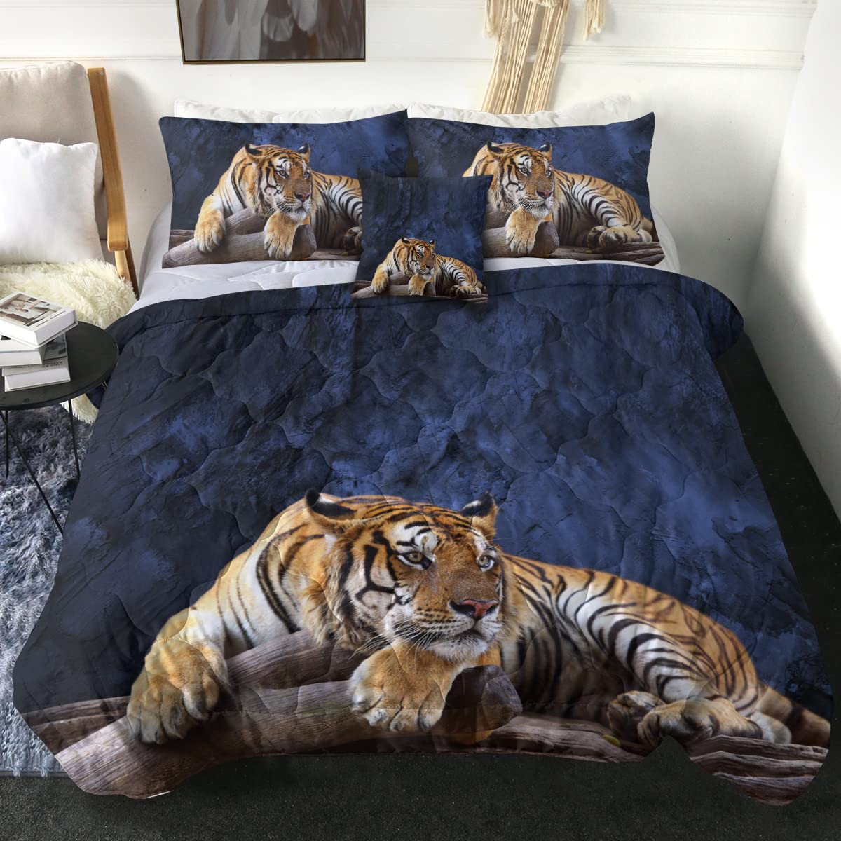 Sleepwish Tiger Comforter Set Full Size, Dark Blue Bedding Sets for Boys Girls, African Safari Animals Bed Set, Big Cat Wild Animal Quilt Set, 3D Tiger Bedspreads (Full)