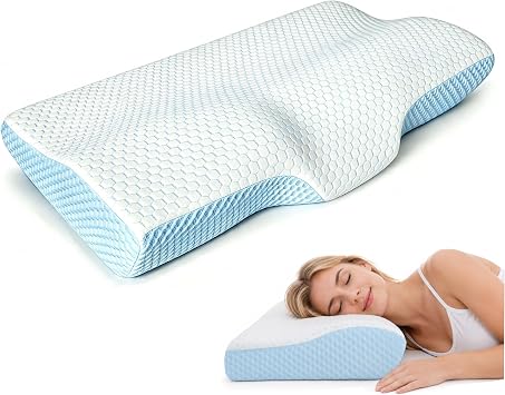 Contour Memory Foam Pillow, Adjustable Firm Ergonomic Neck Support, Blue