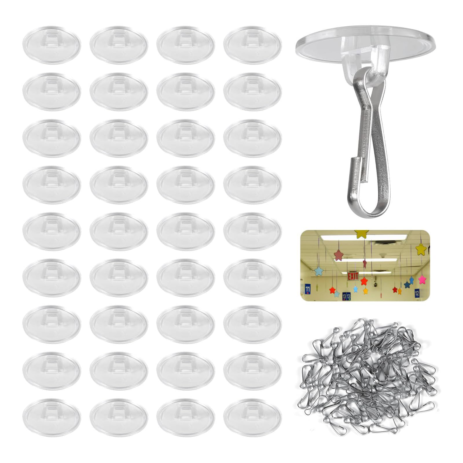 Tsophreniq of 50 Practical Clear Adhesive Ceiling Hooks Damage Release Removable Wall Hangers for Holiday Decorations Auto Adhesive Ceiling Hooks