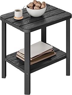 KAMABOKO Adirondack Outdoor Side Table, 2-Tier HDPE End Table 16" Weatherproof Square Storage Tables for Porch Patio Pool Backyard Lawn and Indoor, Black with Wood-Like Grain