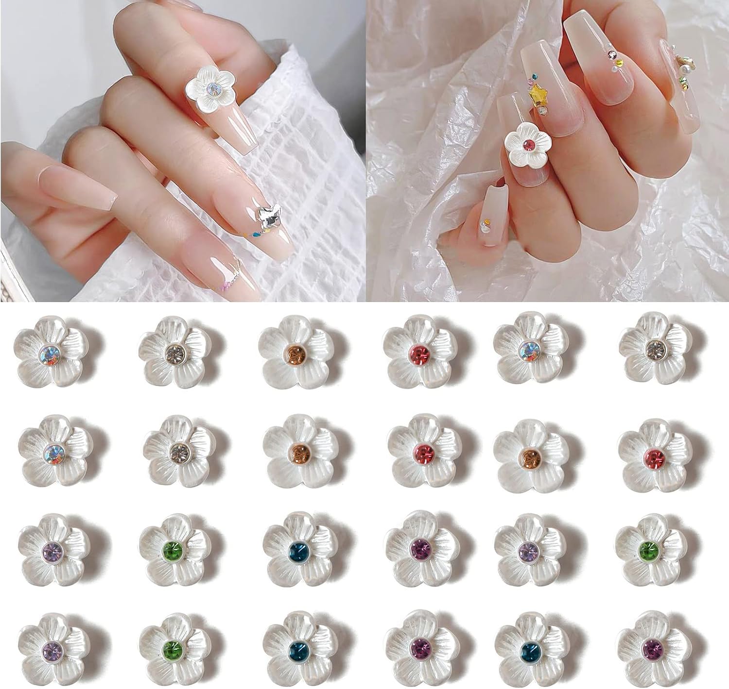3D Flower Nail Charms for Acrylic Nails Art Supplies, Baroque Pearl Flower Colored