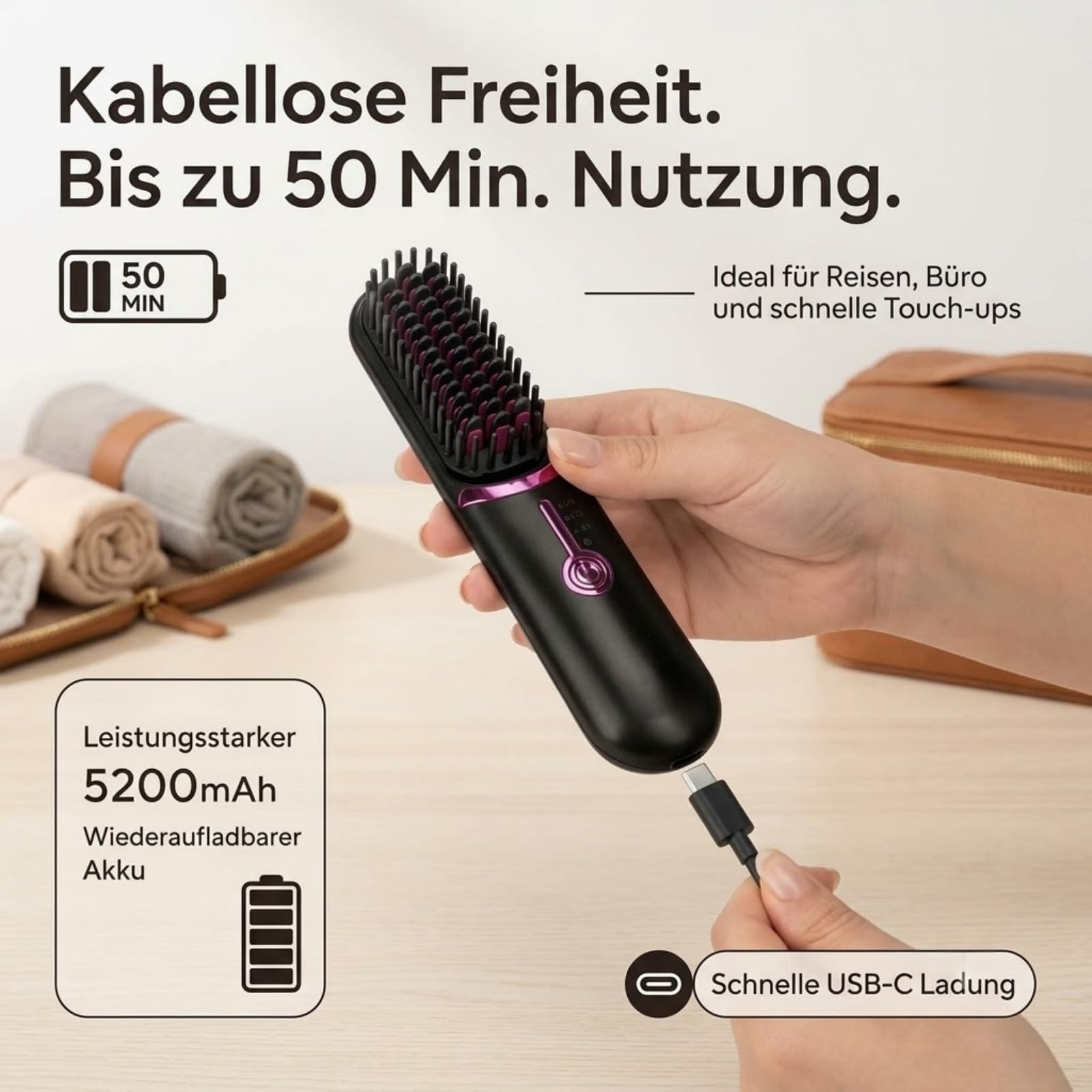 Ciriel - AirBrush Pro | Drahtlose Stylingbürste, 3 Temperaturstufen 160-200°C, Wiederaufladbare BüRste für GläTten und Locken (rosa)