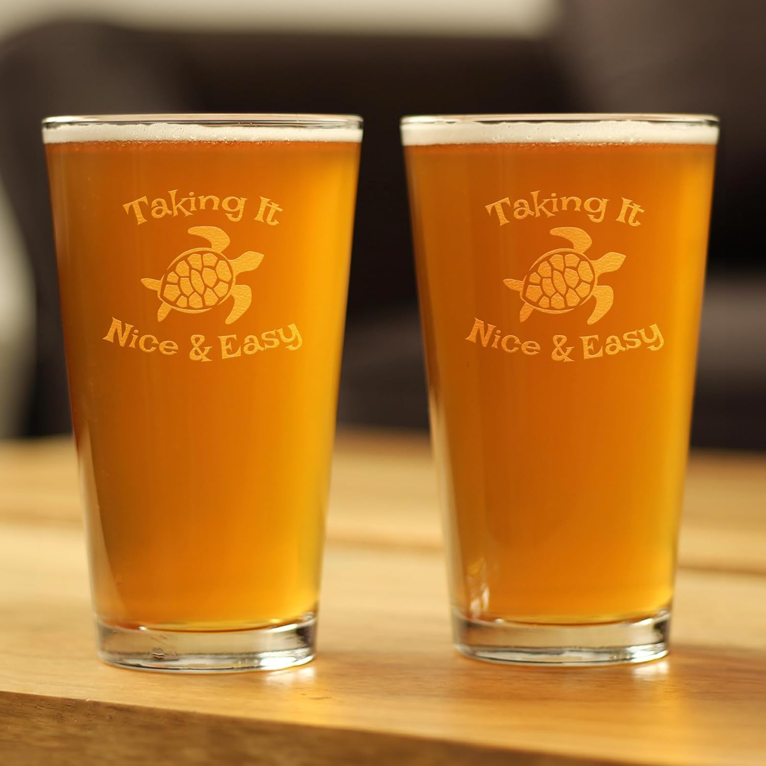 Taking it Nice & Easy - Funny Sea Turtle Pint Glass Gifts for Beer Drinking Men & Women - Set of 2 - Fun Unique Turtle Gift Idea