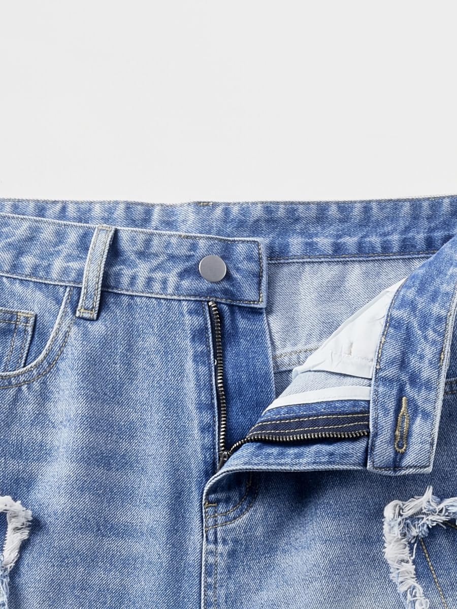 Men's Baggy Jeans Shorts, Vintage Star Pattern Jorts Y2K, Distressed Grunge Jorts for Men, Casual Low Rise Denim