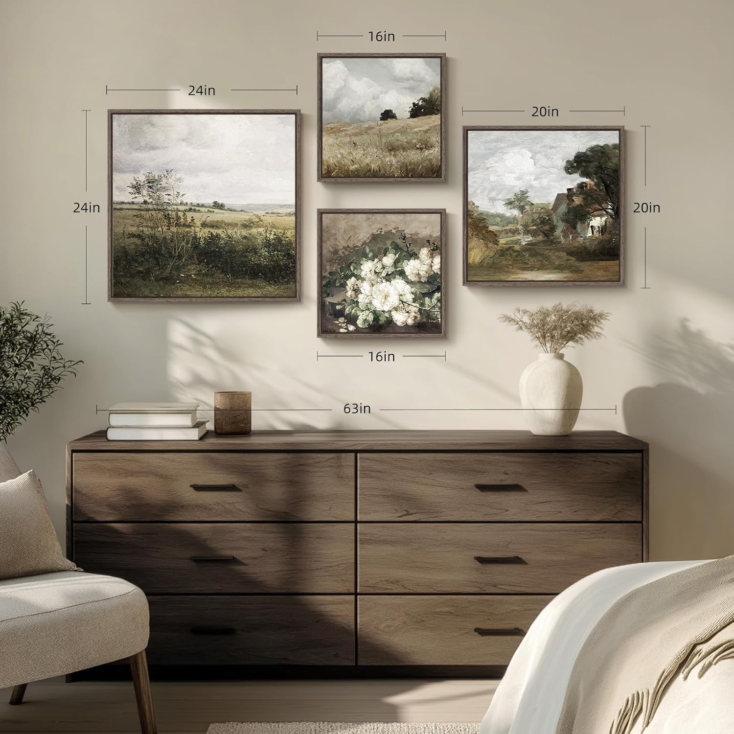 4 Piece Framed Vintage Landscape Wall Art for Living Room, Large Rustic Farmhouse Canvas Pictures Artwork for Walls, French Country Botanical Prints Paintings for Bedroom and Dining Room Wall Decor