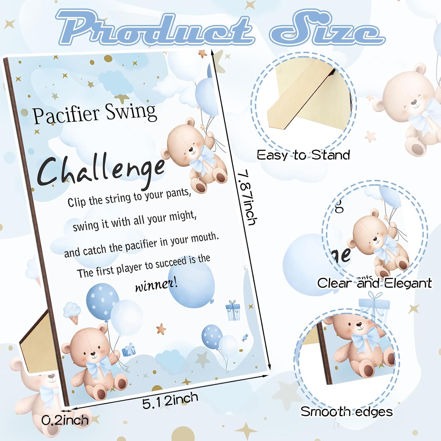 geelin 12 sets swing pacifier baby shower games funny gender reveal games, include 1 wooden sign and 12 plastic pacifiers for bridal baby shower gender reveal party women men (bear,blue) bear blue