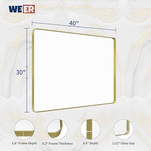 Miniatura 6 de Espejo de baño dorado, espejo de baño dorado cepillado de 40 x 30 pulgadas, espejo rectangular redondeado de baño dorado para pared, vidrio