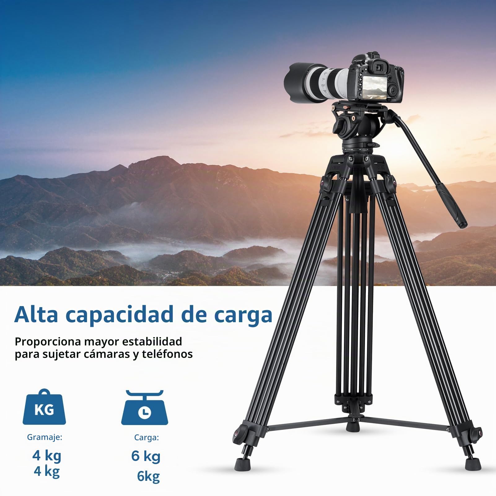 Cayer BV30 Trípode de Video, Soporte de Trípode de Aleación de Aluminio Resistente con 360° Cabezal de Arrastre Fluido, Placa QR Compatible con Canon Nikon Sony y Otras,Carga hasta 17.6lb/ 8kg