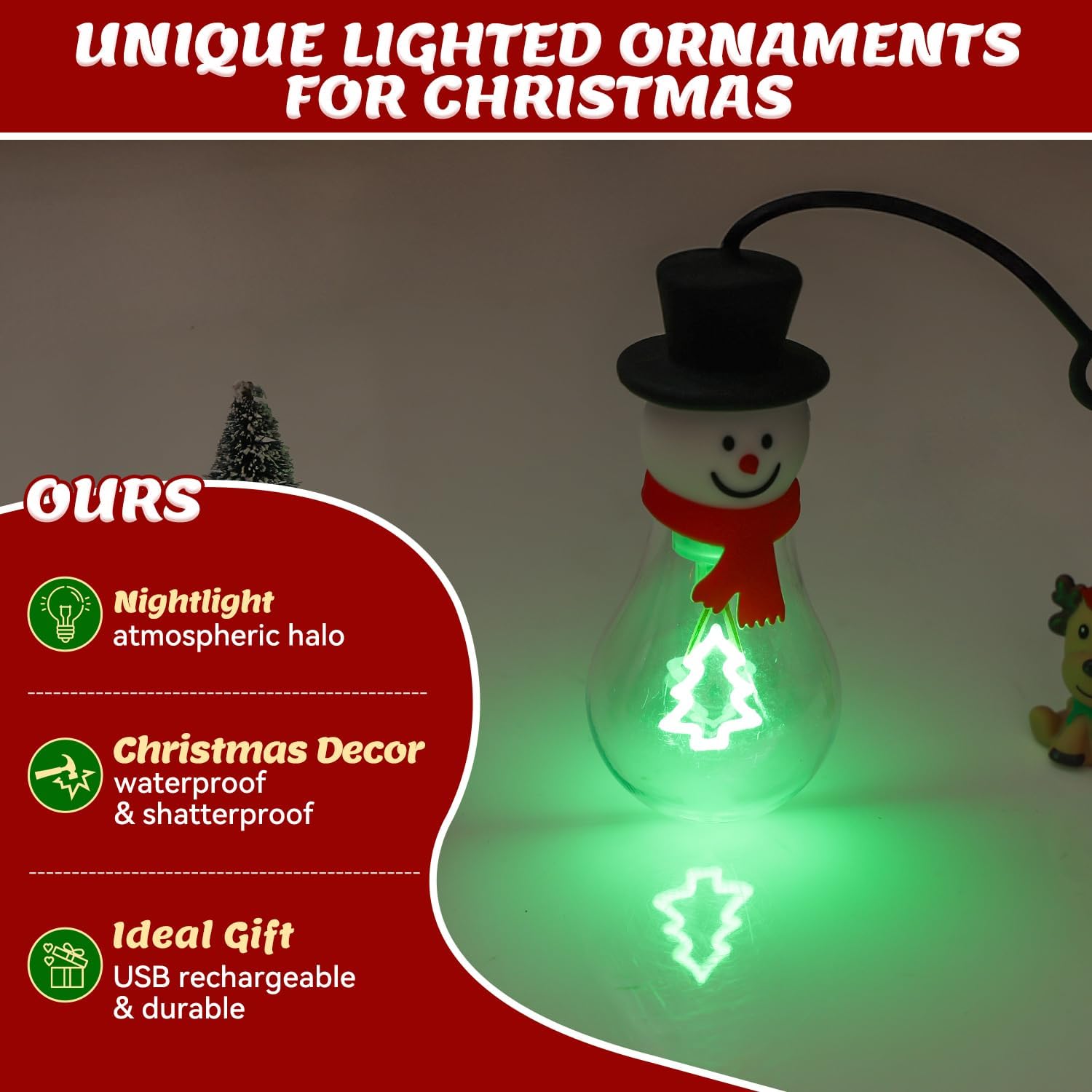 Brightever 4-Pack Hanging Christmas Lights for Christmas Tree Decor, USB Rechargeable Christmas Light Bulbs Portable Decorations with Xmas Elements Filament, Great Gift for Coworkers, Friends