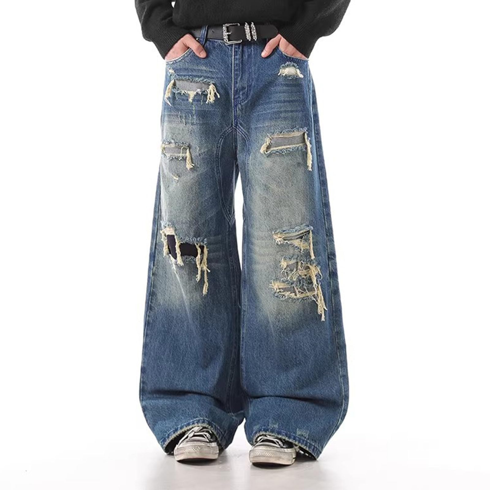 Pantalon Vaquero Hombre-Vaqueros Desgastados con Patchwork Estilo Urbano para Pantalones Anchos de Pierna Recta y Suelta