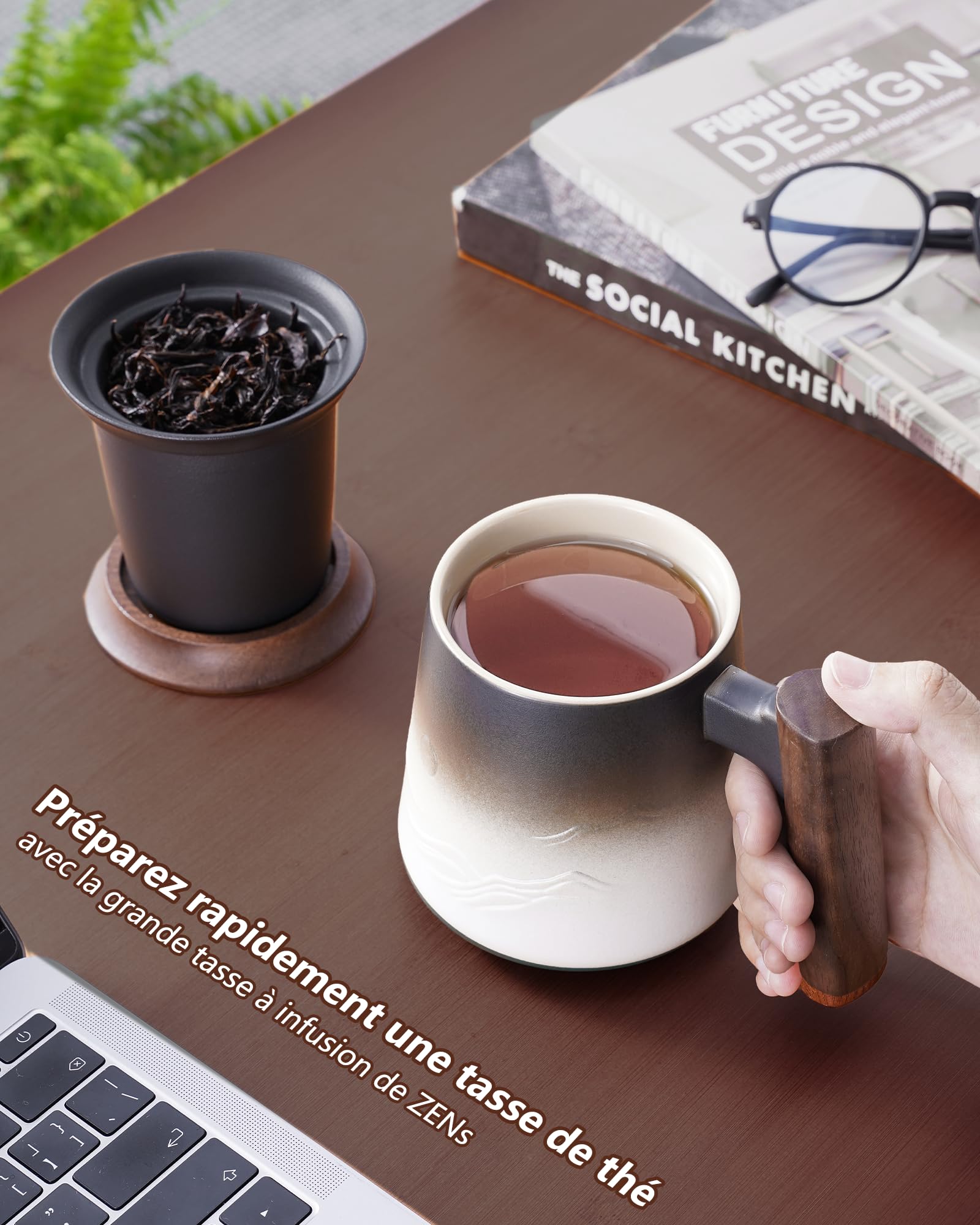 ZENS Tazza da tè in rilievo in ceramica (430 ml) tazza a the con infusore e coperchio Manico in legno, Fogli mobili tazza con coperchio & colino per gli amanti del tè Regali