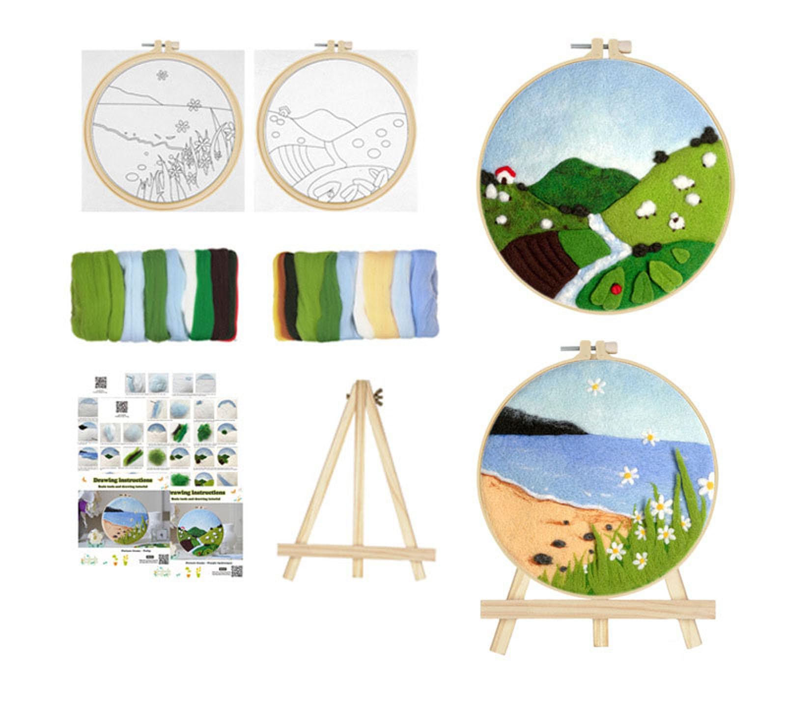 Xinyanmy 2 Pack Needle Felting Kit,Felt Painting Kit for Beginners, DIY Craft Kit with Picture Frame,Felted Fabric,Wool,Needle,Foam Pad and Instructions for Home Decoration (Mountain&Beach)