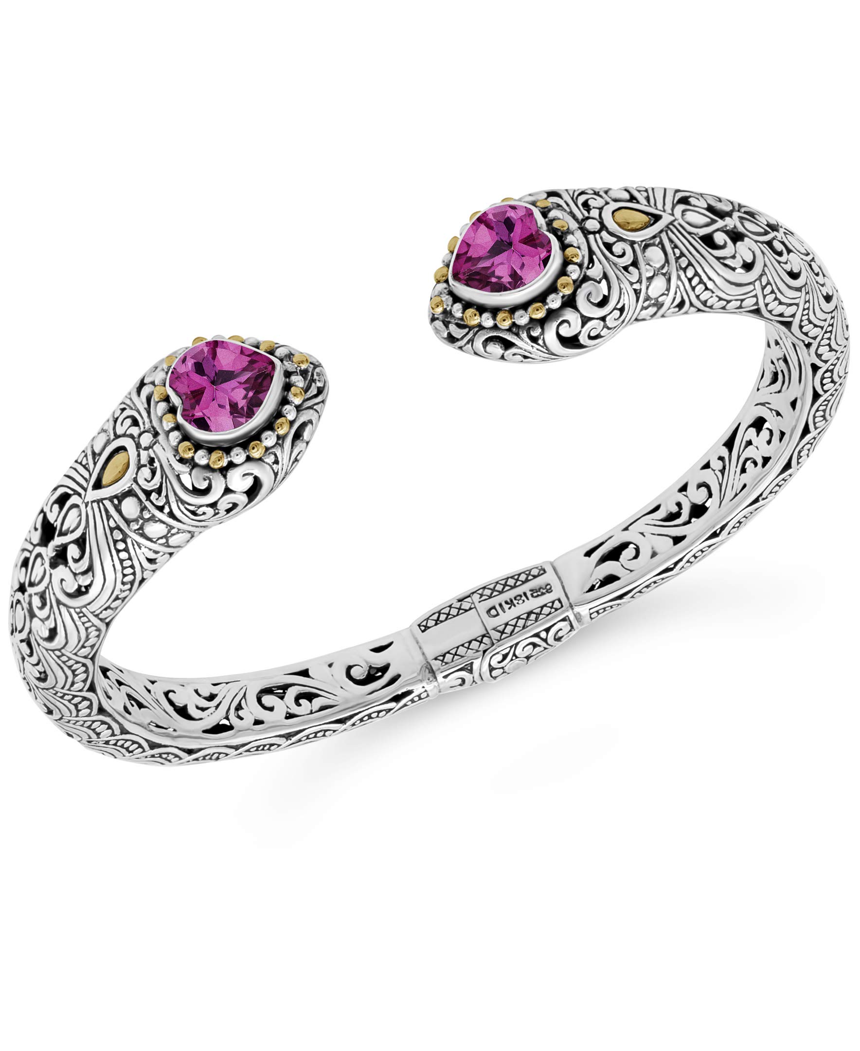 DEVATA Sterling Silver 925 and 18K Gold with Gemstones Bali Filigree Cuff Bracelet