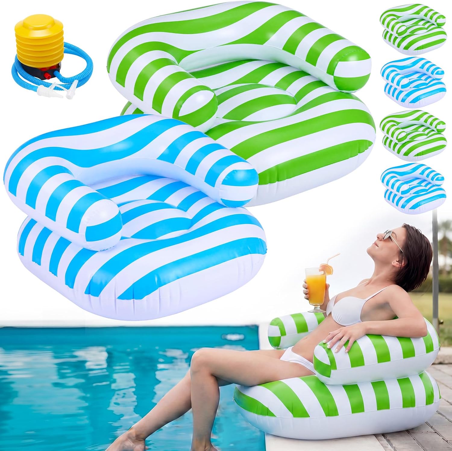 Seenelling 4 Pcs Inflatable Pool Lounge Chair with Pump Blow up Arm Chair Portable Foldable Floor Seat with Backrest and Armrest for Poolside Beach Camping Picnic Movie Night (Navy Blue & Light Blue)