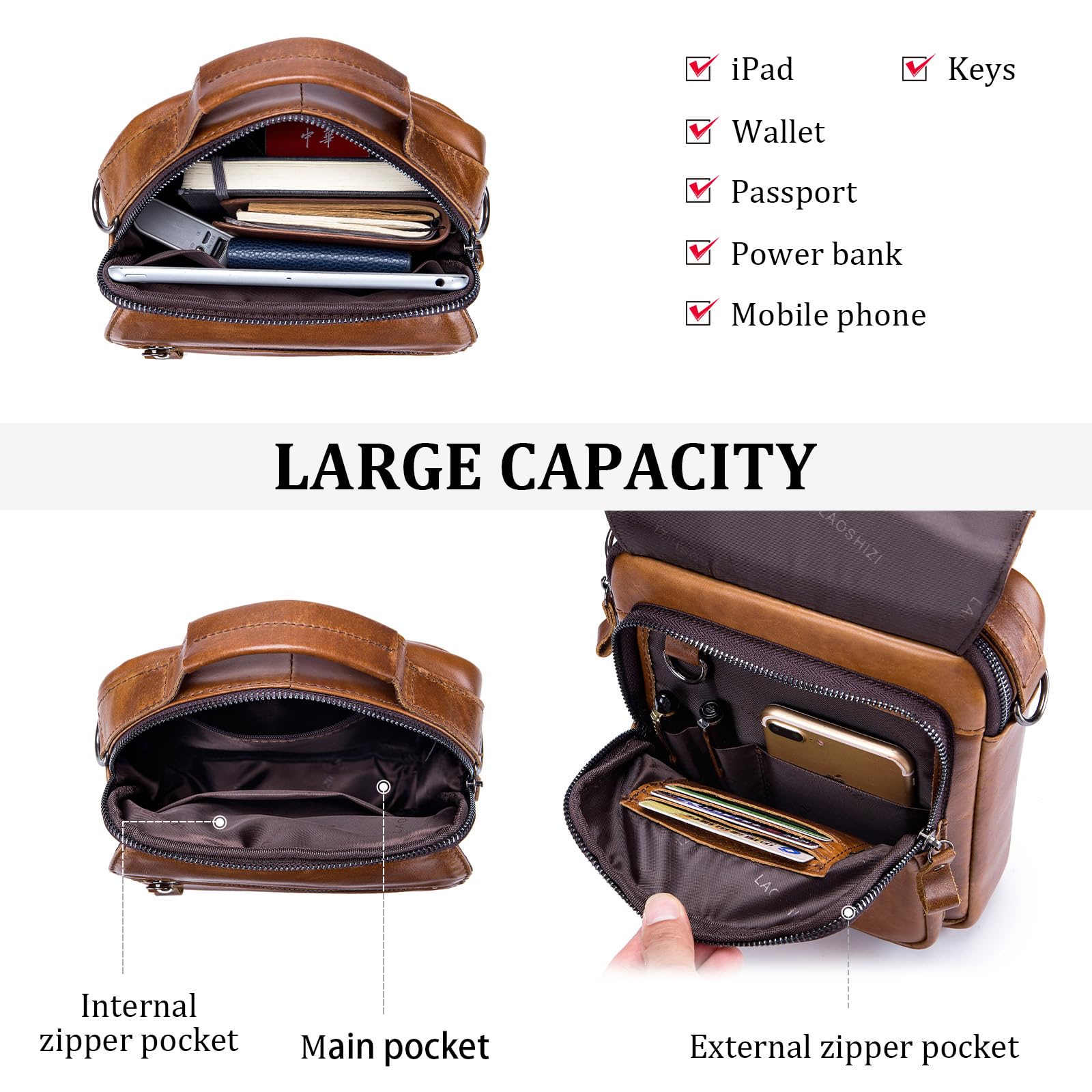 BAIGIO Umhängetaschen Herren Leder Schultertasche für Männer Herrentasche zum Umhängen Handtaschen Crossbody Bag Ledertasche für Arbeit Büro Alltag