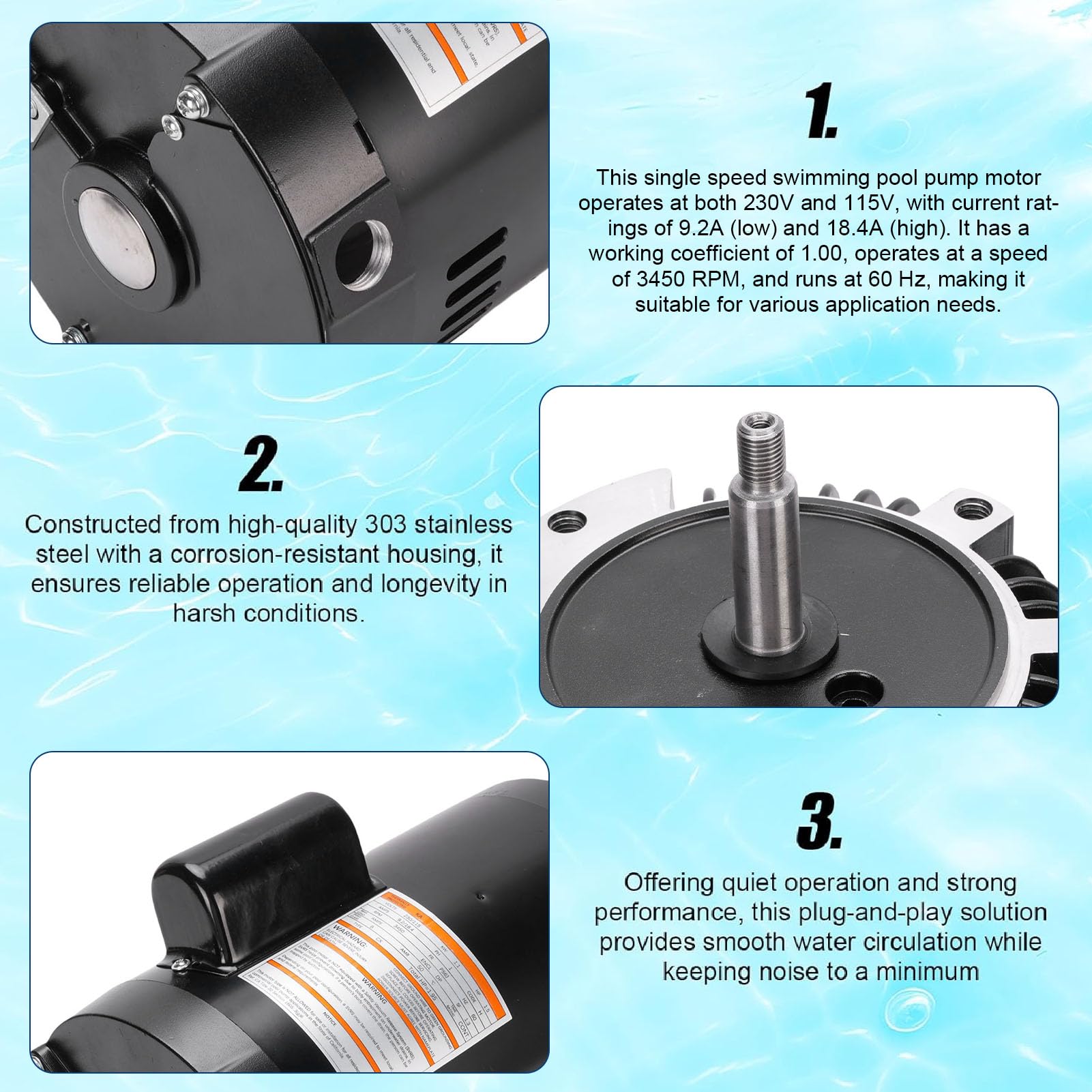 Moteur de Pompe à Piscine 1, 5 Chevaux à une Seule Vitesse pour Ao Smith Century Pool Spa Pompe Motor 3450rpm 48y Cadre