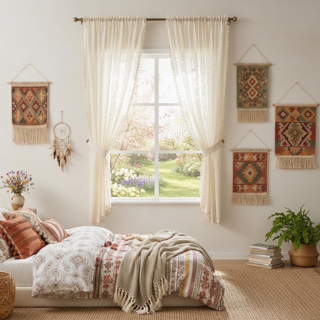 WAZZIO Boho Lace Curtains 2 Panels 63 Inches -Cute Vintage Victorian Sheer Panel Drape French Country Floral Pattern & Tassel Light Filtering Privacy for Bedroom Dining Living Room,Beige,W52x L63