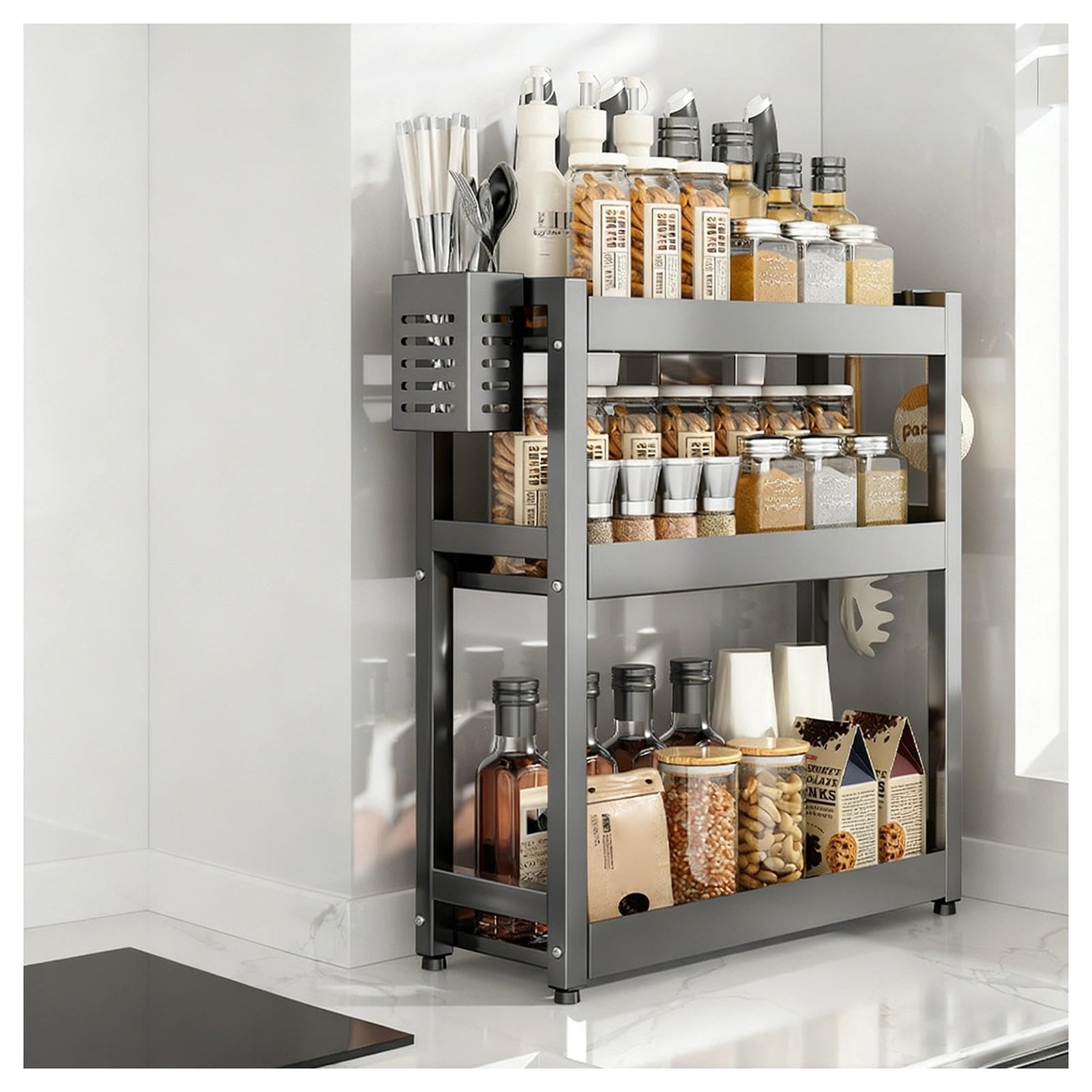 WYQXTY Wall Mount Kitchen Spice Utensil Rack Kitchen Countertop Spice Rack With Hooks & Utensil Holder, Multicolor, Multiple Sizes(Grey,3 Tier-40cm)