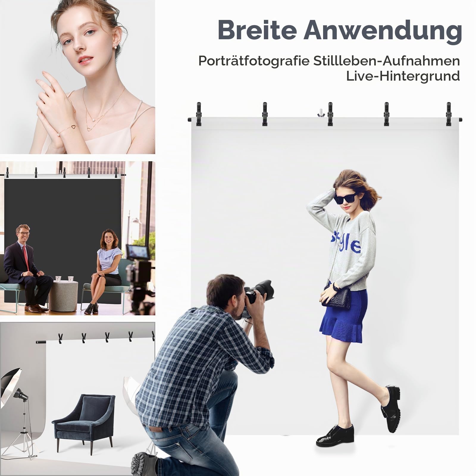 Foto Hintergründ Weiß Schwarz mit Ständer, Foccalli 2-in-1 6.5x5ft Fotografie Hintergrund Weißer Schwarz Screen Kit für Chroma Key Streaming Gaming Fotoshooting mit Tragetasche und 5 Clips