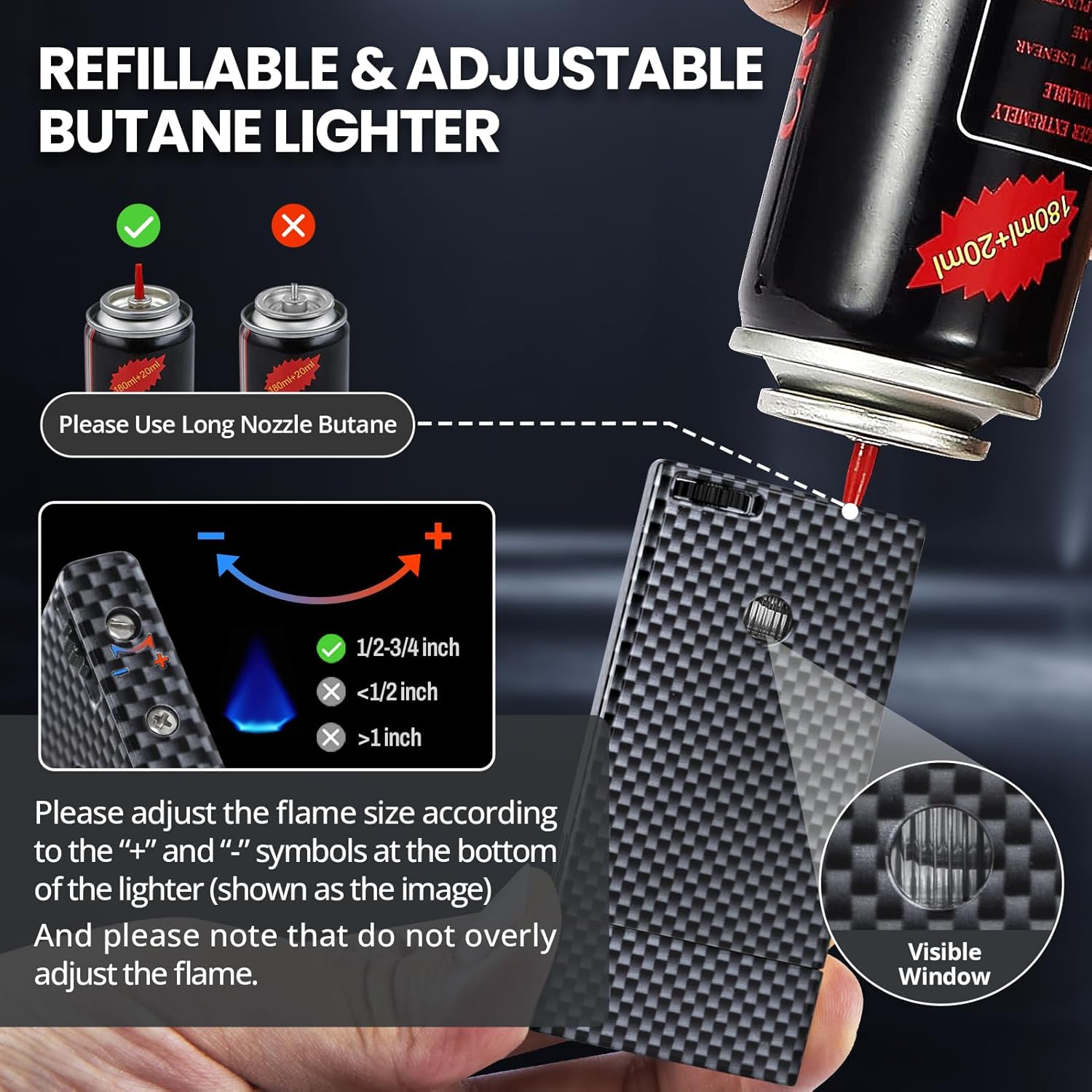 Flat Flame Torch Lighter, Slim Butane Torch Lighter, Refillable Fancy Butane Lighters, Windproof Adjustable Pocket Lighters with Visible Window, Novelty Gifts for Men Women, No Gas
