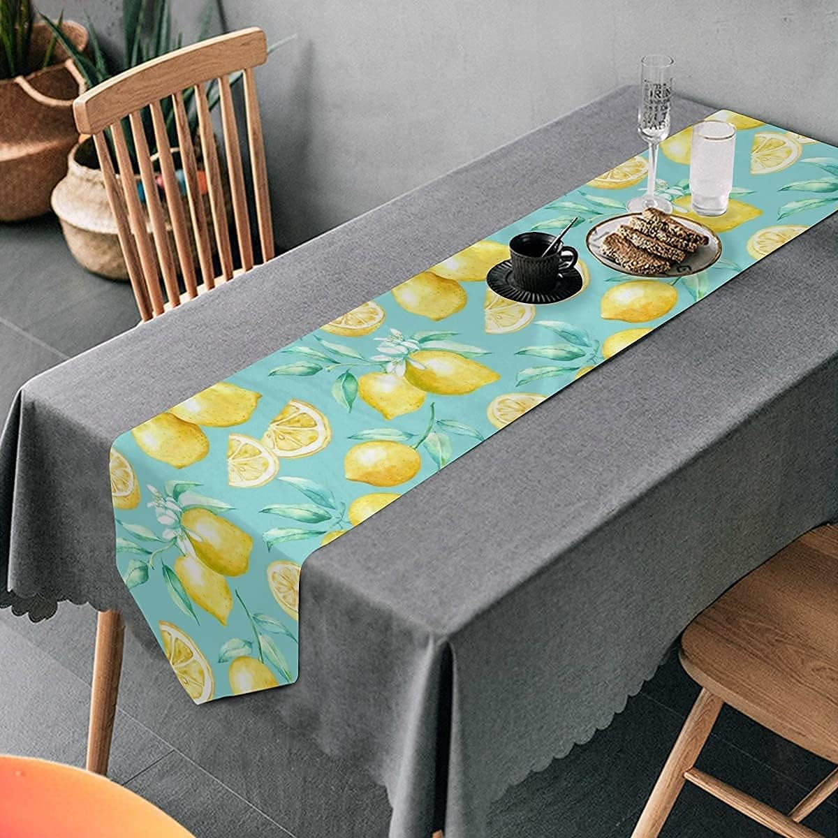 Lemon Table Runner with Boho Yellow Lemon Patterns Summer Teal Table Runner 70