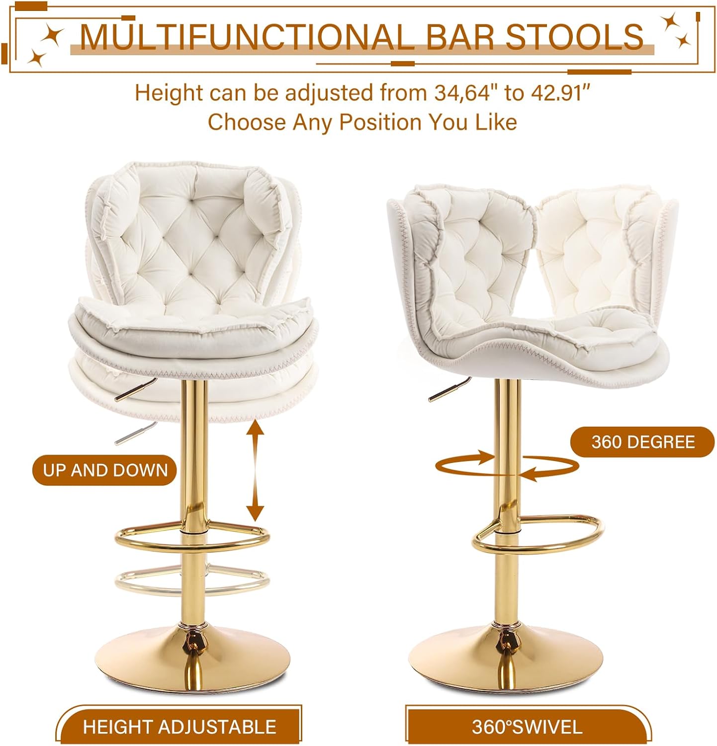 Swivel Bar Stools Set of 4 Counter Height Barstools with Back Velvet Upholstered Adjustable Stool Chair Min Century Modern Bar Stool Sillas para Barra De Cocina Bar Stools for Kitchen Island (Cream)