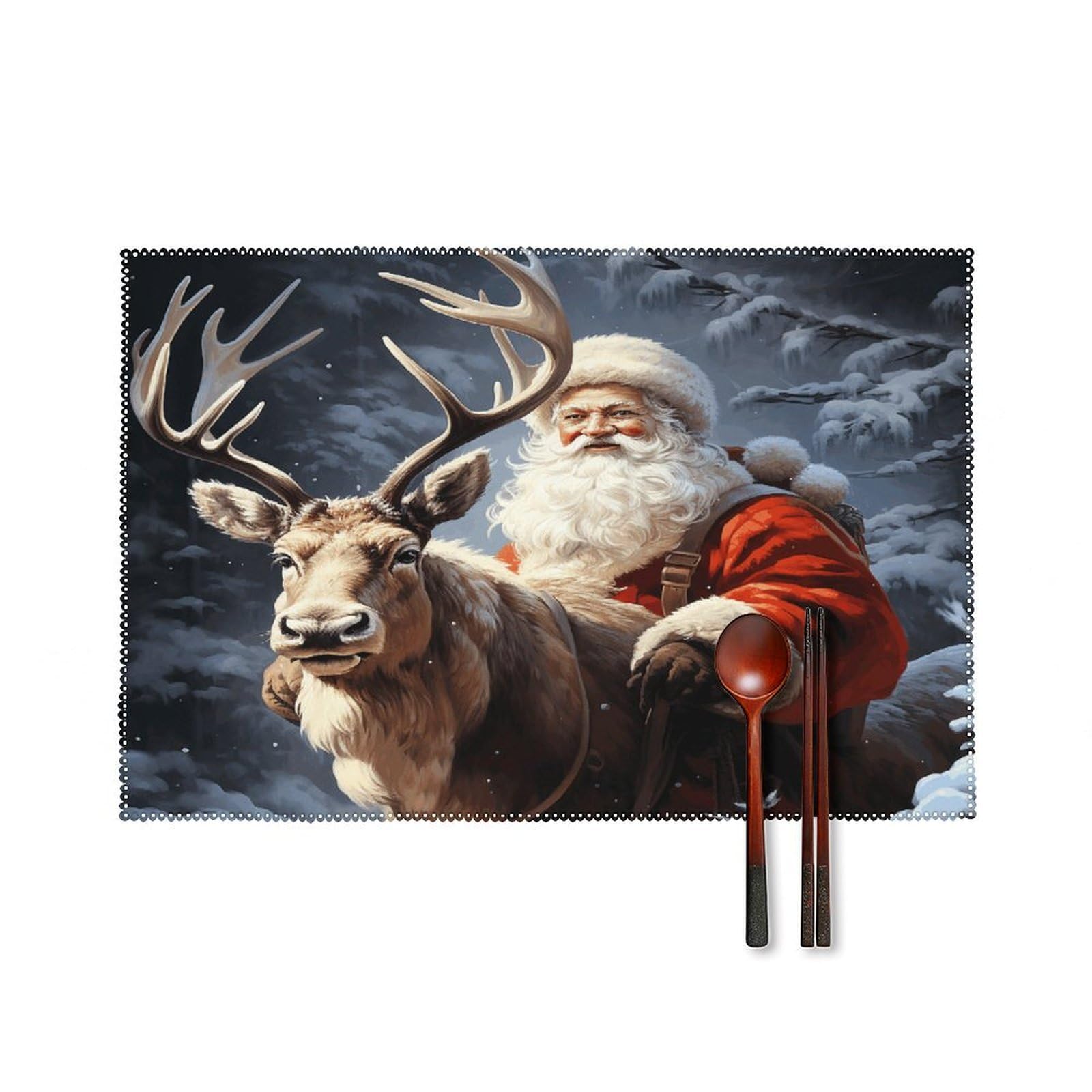 Santa Claus and Deer Elk Placemats Set of 6 Non-Slip Heat Resistant Table Mats Canvas Washable Cloth Place Mats Easy to Clean Premium Placemat for Kitchen Dining Table Decoration