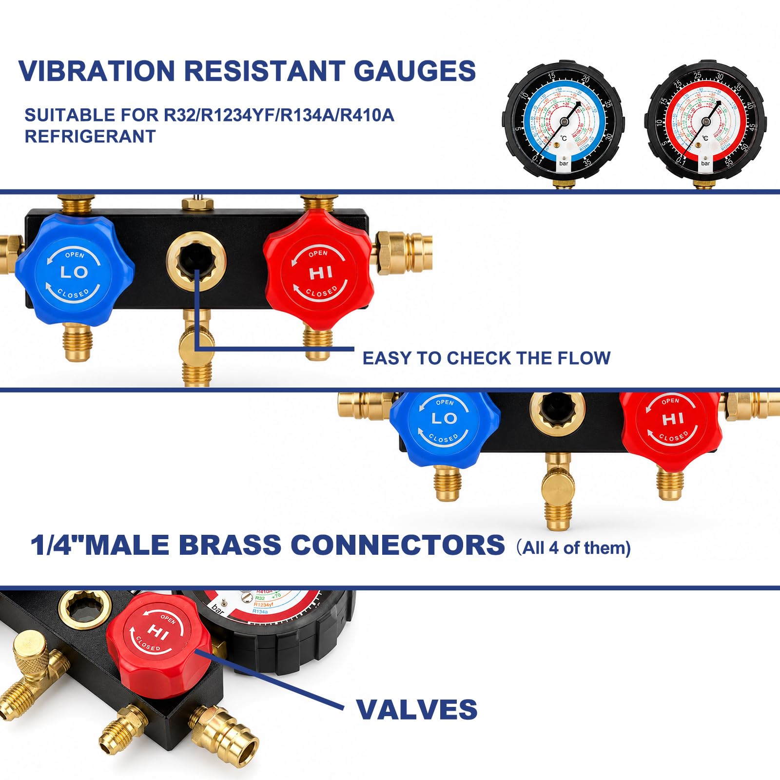 BACOENG Set Manometri Condizionatori, Kit Ricarica Aria Condizionata Auto con 1.5m Tubi per Auto Strumenti Diagnostici, Manifold Gauge Kit per R1234YF R32 R134A R410A Refrigerante