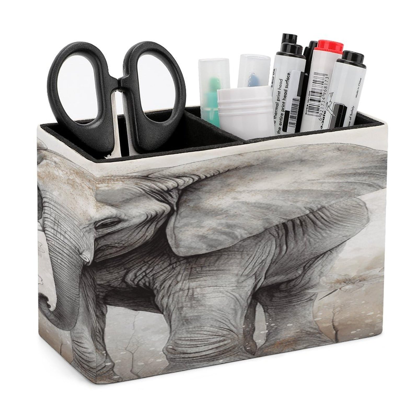 VstaDank Animals Cute Elephant Pencil Holder for Desk(Double Slots) Fashion Leather Pencil Cup Simple Rectangular Shape Pen Holder Multi-Functional Pen Cup for Home Office Supplies Storage