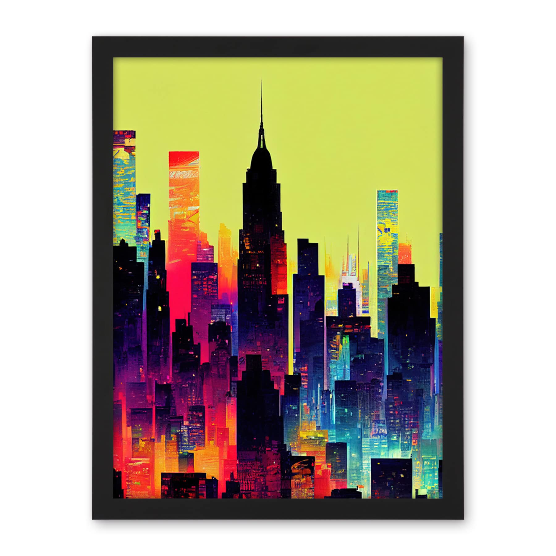 Wee Blue Coo New York Vibrant Multi Coloured Graphic Design Skyscraper Cityscape Silhouette Artwork Framed Wall Art Print 18X24 Inch