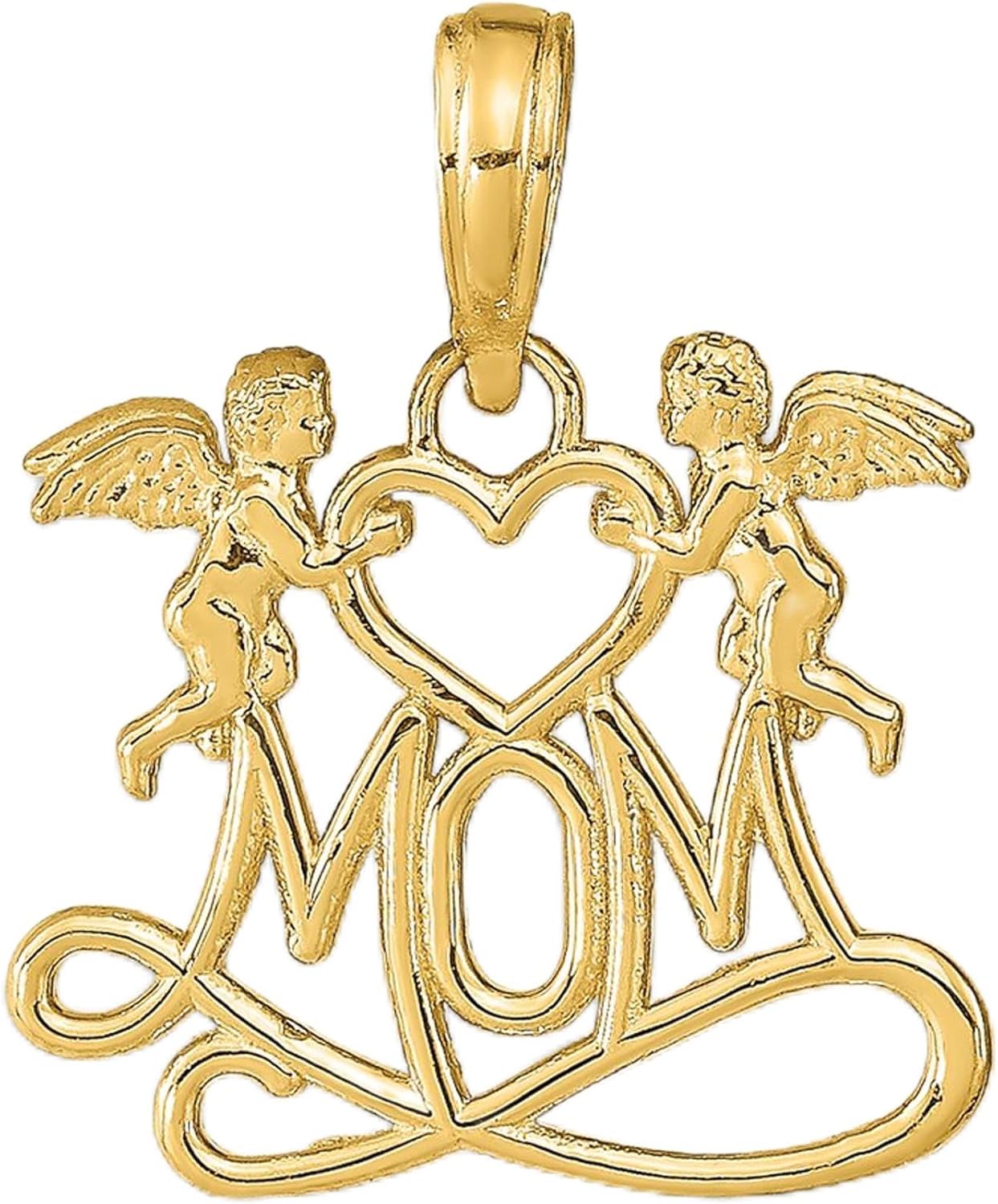DewberryDiamonds 14K Yellow Gold Polished MOM with Heart and Angels Pendant for Mother's Day (Weight : 1.13 gm, Length : 18.4 mm, Width : 16.5 mm)
